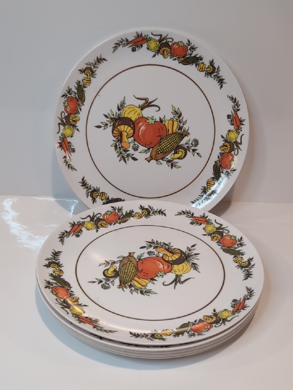 Vintage Maplex  Harvest Vegetable Melamine Dinner Plates Set Of 6 MCM 70's Fall